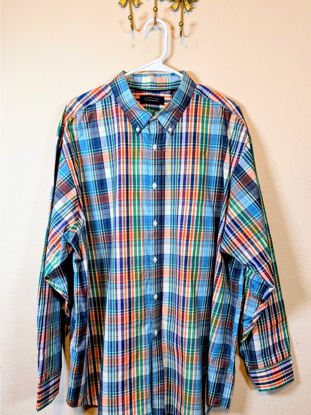 Roundtree & Yorke Blue, Green, Orange Plaid Button-Down Shirt. Size XXL